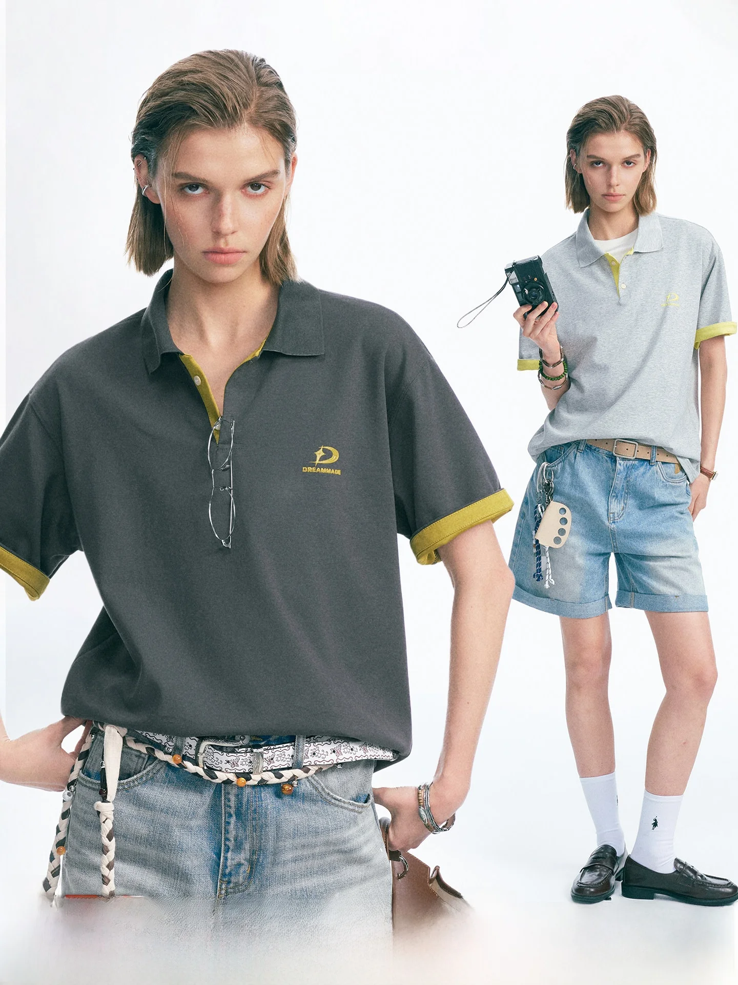 Dream Made American Retro Two-Tone Short Sleeve  Shirt Lightweight Summer Men's T-Shirt Couple's Half Sleeve Cotton Blend