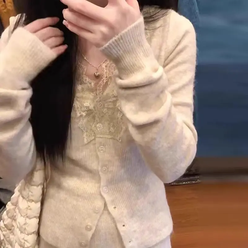 

French style lace patchwork knit sweater for women's autumn and winter slimming cardigan sweater