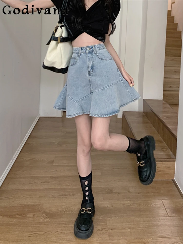 

Large Size 2XL-6XL Elastic Waist High Waists Fashion Loose Denim Skirt Girl Spring Summer Versatile A-line Age Reduction Skirts
