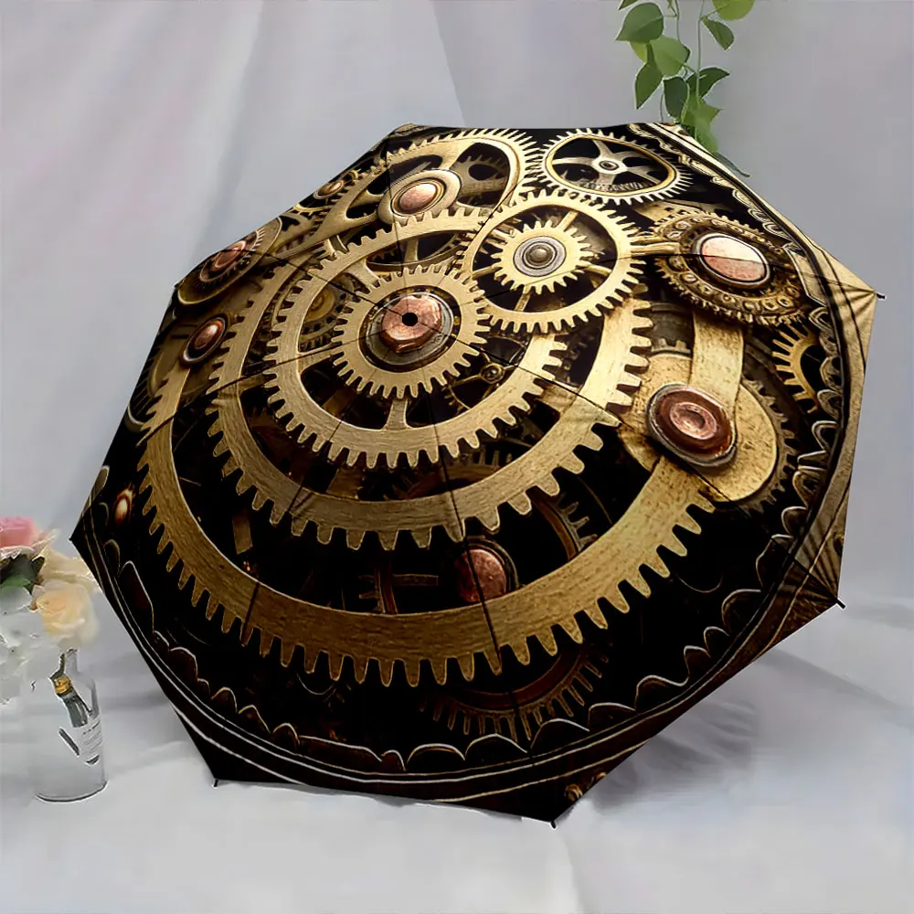 1PC Steampunk Gear Umbrella: A Fusion of Art and Functionality Print 8 Iron Ribs Folding Umbrella Auto-Open Fashion Sunshade