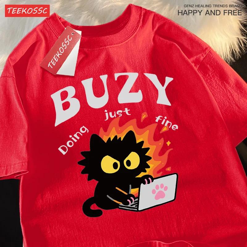 T-shirt con stampa gatto pazzo da ufficio T-shirt girocollo da donna Top casual T-shirt ampia a maniche corte in cotone oversize morbida per tutti gli abbinamenti