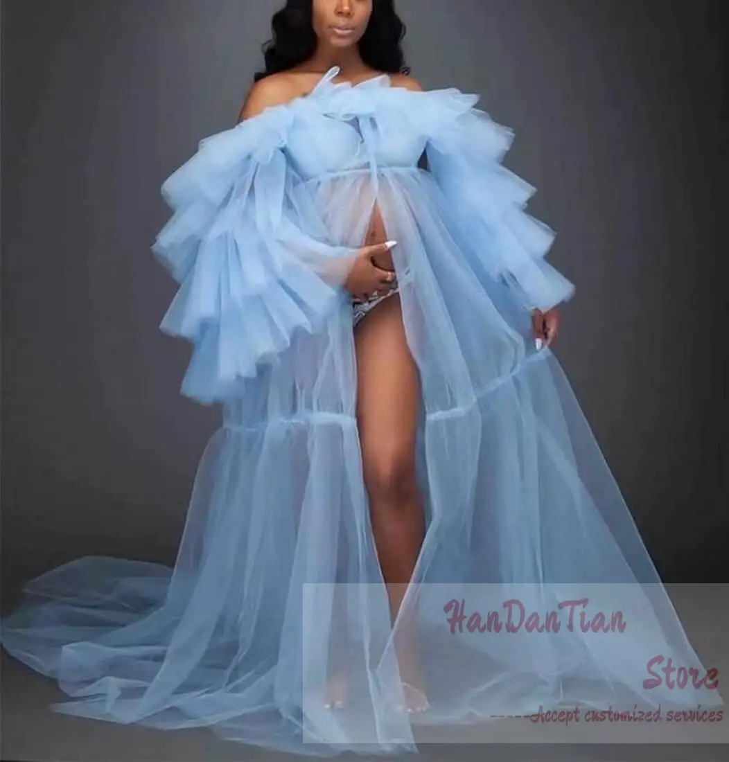 Long Tulle Robe Ruffles Maternity Photoshoot Dressing Off Shoulder Lingerie Baby Shower Pregnancy Gown