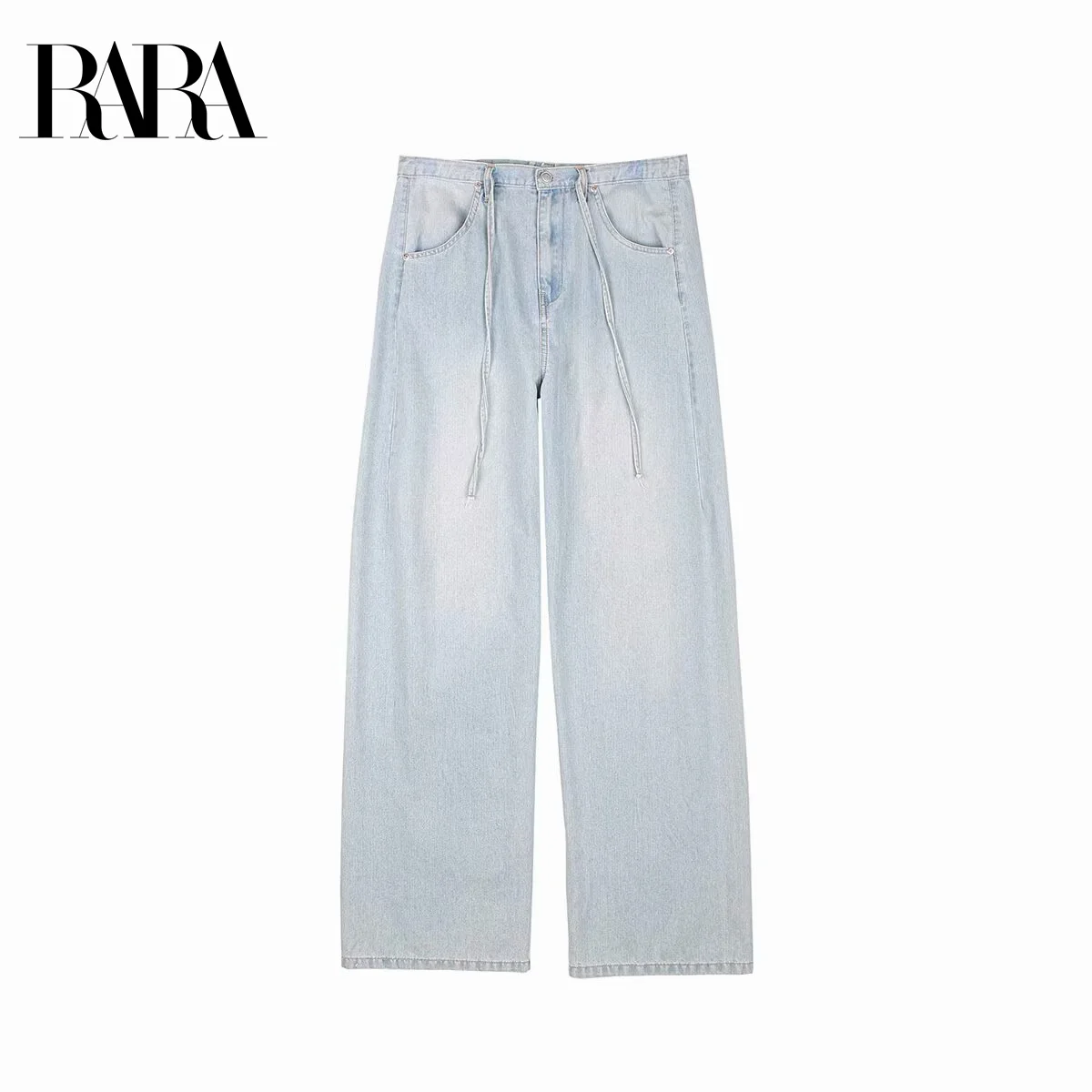 

RARA2025 new summer women's casual fashion simple comfortable drawstring wide-leg drape denim mid-waist trousers
