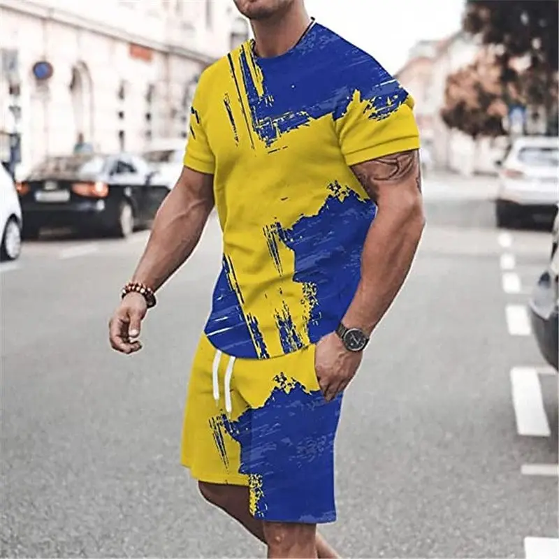 New Summer Men's Shorts  T Shirt Set 3D Color Block Print Sporty Fashion Short Sleeve 2 Piece Breathable fabric