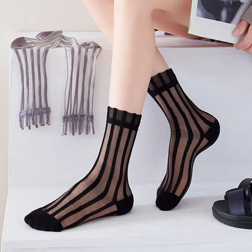 

Fashion Breathable For Women Summer Mesh Transparent Glass Silk Socks Middle Tube Socks Female Hosiery Striped Socks