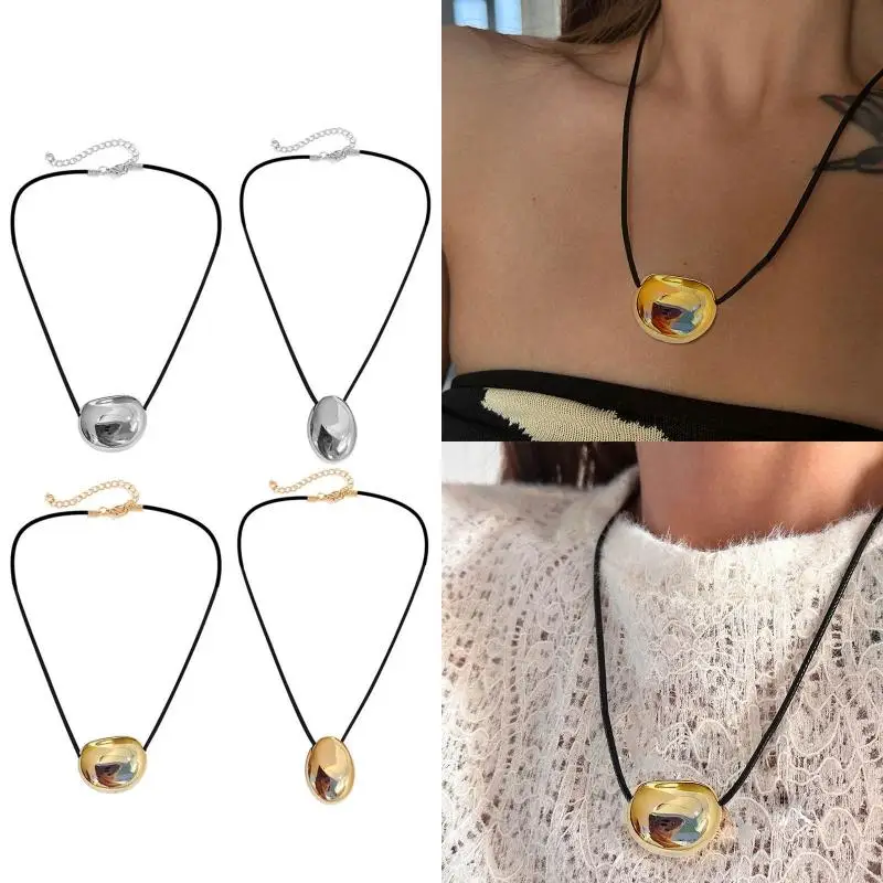 652F Metal Oval Bead Necklace Geometric Pendant Collarbone Chain Ornament Unique PU Leather Cord Choker Fashion Accessory