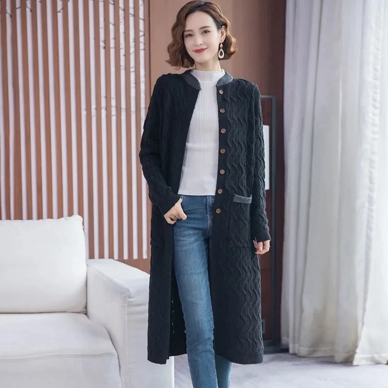 Long Thick Knitted Sweater Women's Loose Jacket 2024 Autumn Winter Long Over Knee Cardigans Sweaters Single Breasted Knit Jacket