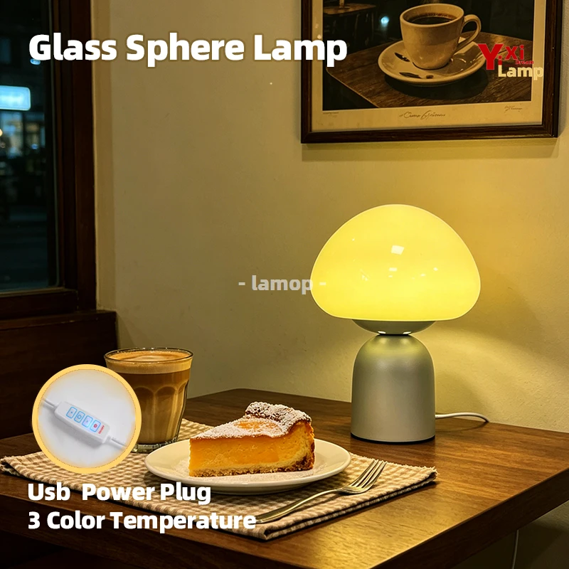 Vintage Dome Shaped Hand-blown Glass Table Lamp Pink White Orange Green Multiple Optional Shades USB Plug 3 Color Temperature So