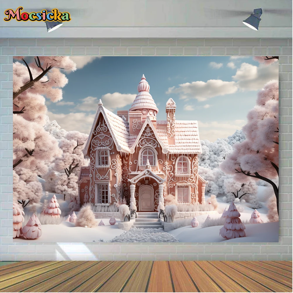 Mocsicka Winter Christmas Photography Background Pink Cottage Xmas Wreath Holiday Party Family Photo Backdrops Studio
