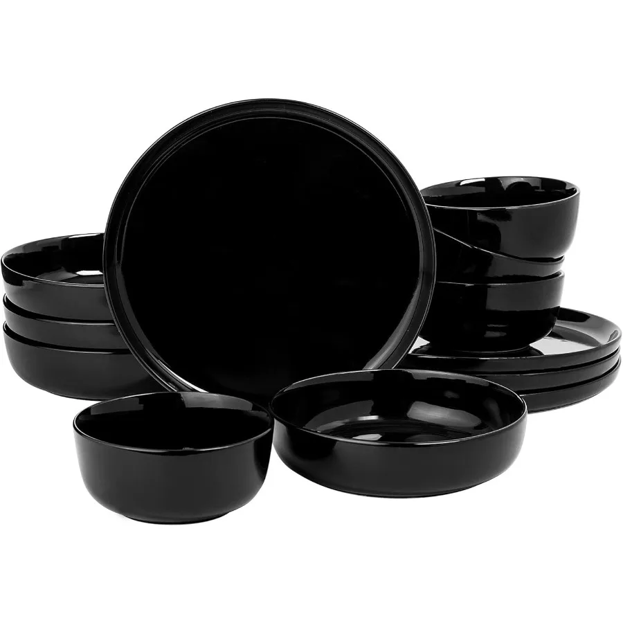

Oslo 12Piece Porcelain Chip and Scratch Resistant Dinnerware Set Service for 4 Black Plates and Bowls Ideal for Daily Dining an