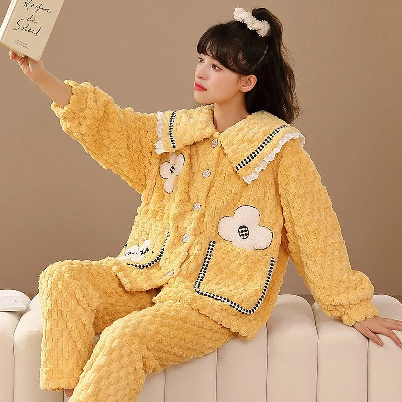 2023 New Winter Pajamas Women Coral Fleece Cute Cartoon Fleece Thick Warm Long Sleeve Trousers Winter Flannel Loungewear