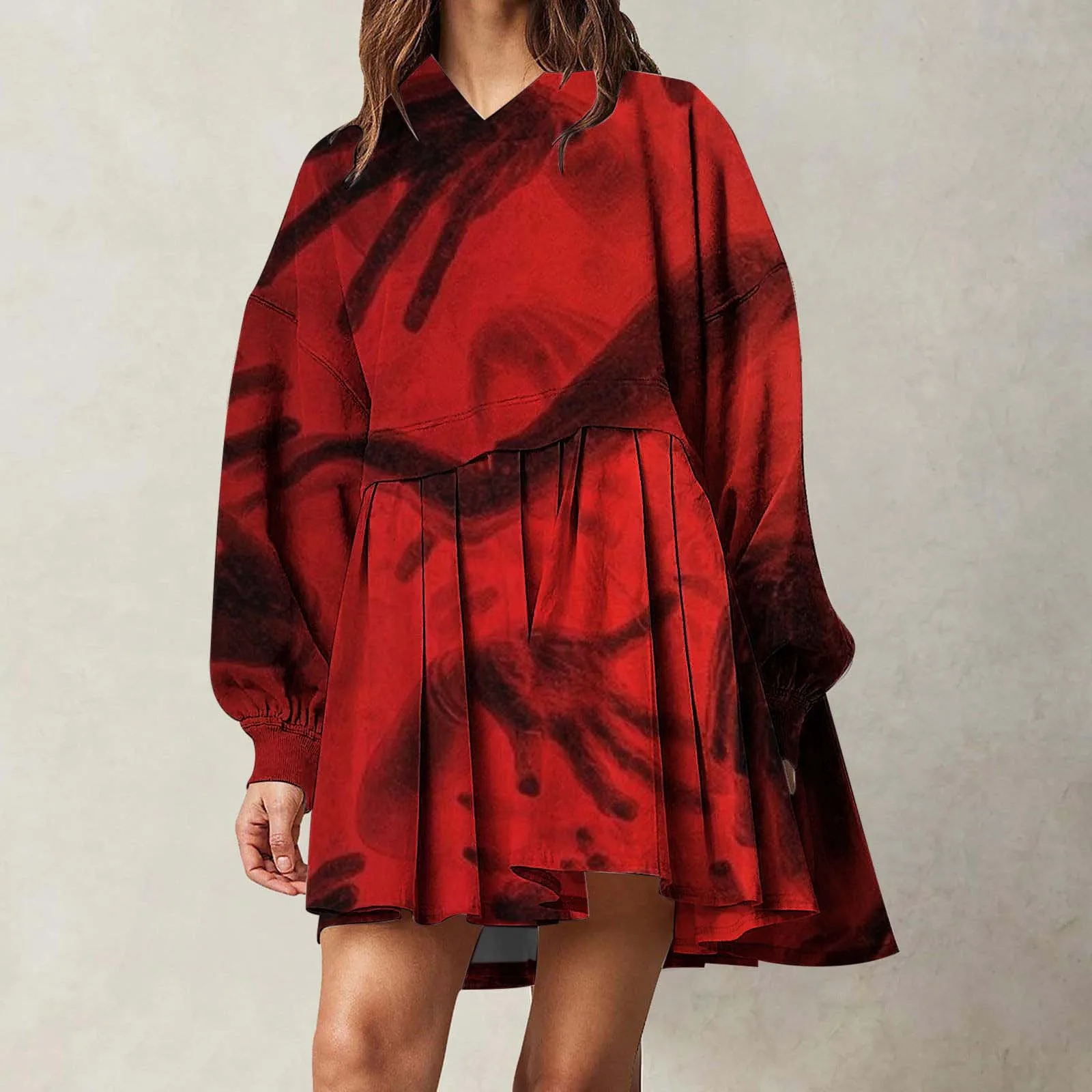 

2024 Women's Halloween Costume Cosplay ClothingLong Sleeved T Shirt Dress Blood Print Hooded Coat Casual Loose Outwear