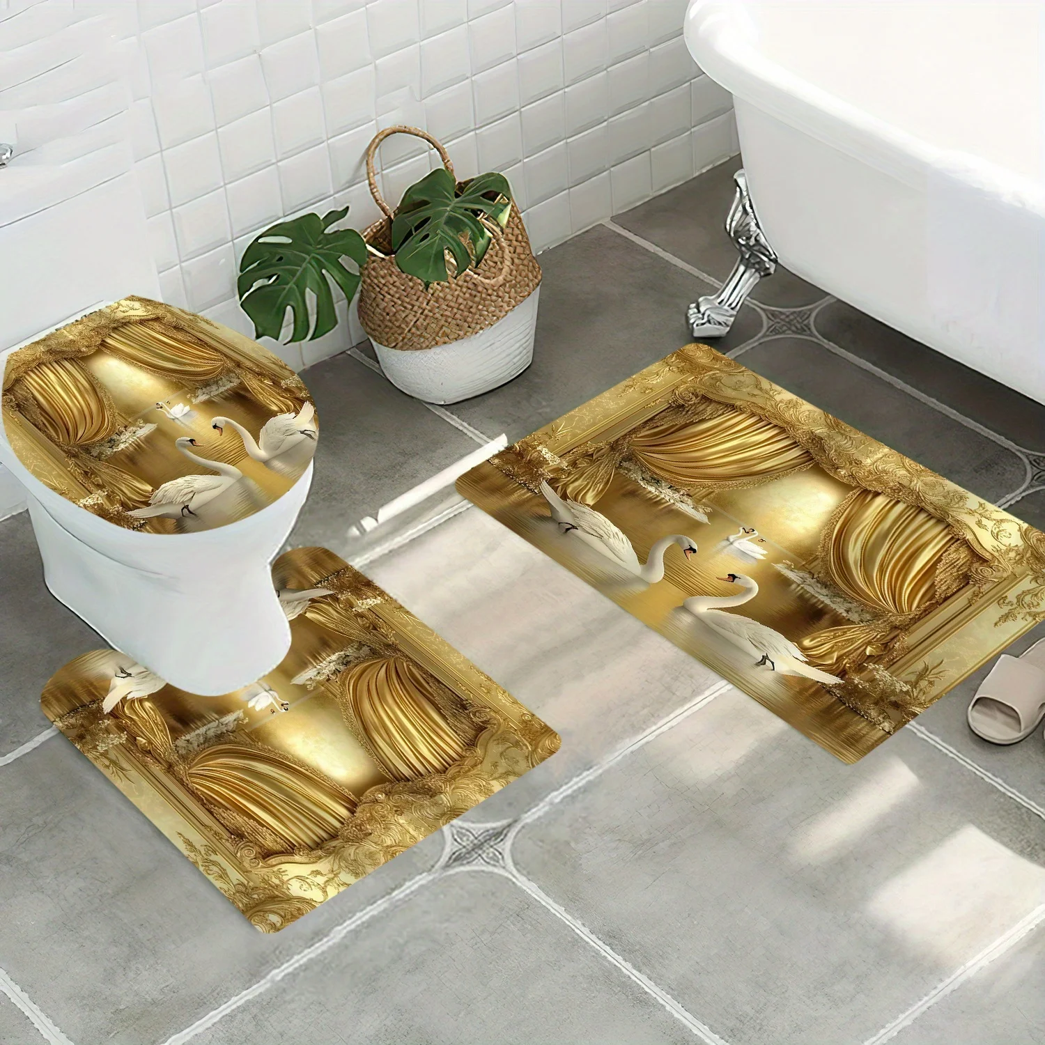 Golden Swan 3pc Bath Set – European Palace Style, Non-Slip Toilet Cover, U Mat & Floor Rug, Washable Luxury Bathroom Decor