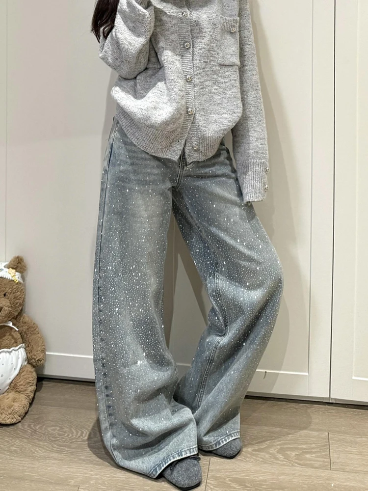 

Модные джинсовые брюки в американском стиле с высокой талией, пайетками и пэчворком, женские, винтажный дизайн, универсальные, в пол, для ковбойского образа