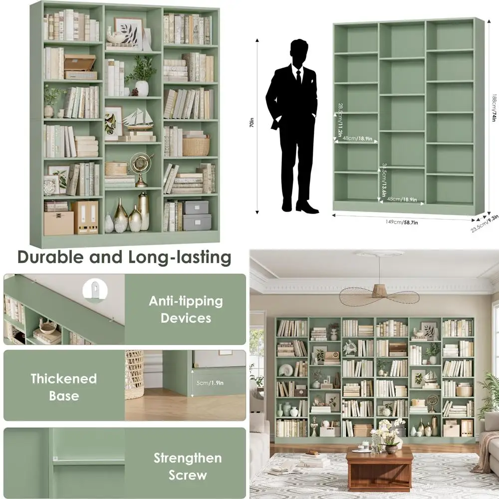 رف كتب كبير مكون من 6 طبقات مع 17 رفًا مفتوحًا، وخزانة كتب بطول 74 لتخزين المنزل والمكتب