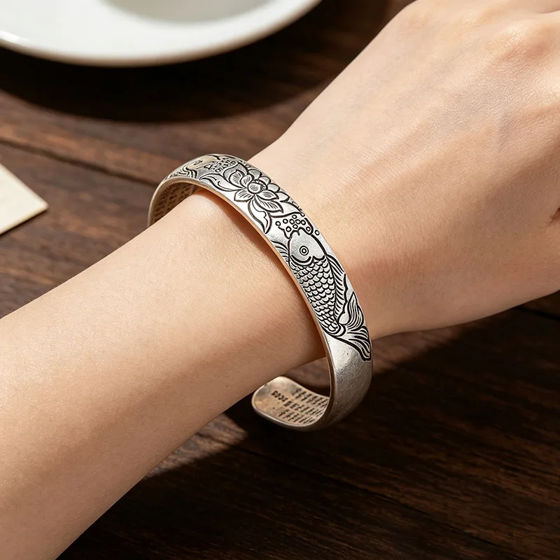 925 Silver Bracelet Bangle Vintage Floral Cuff Lucky Fish Lotus Engraved For Women Men Fashion Jewelry Gift Dropship Wholesale