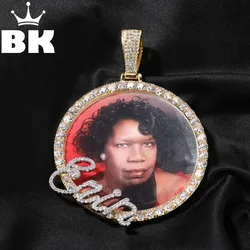 THE BLING KING Men's Large Custom Name Round Photo Pendant Necklace Cursive Letters 6.8cm Circle DIY Photo Memory Jewelry Gift