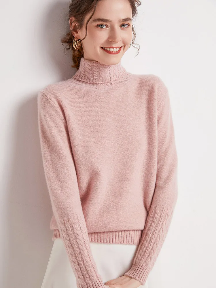 Autumn Winter 100% Merino Wool Sweater Women Turtleneck Twist Flower Sleeve Pullover Basics Warm Knitwear Cashmere Clothing Tops