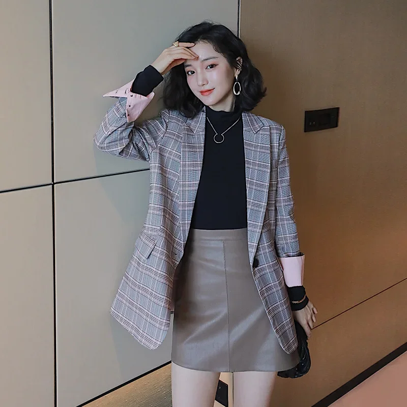 Blazer casual chique vintage feminino, roupa de trabalho, senhora cinza do escritório, manga comprida, ternos finos de botão único, blazers xadrez estilo inglês