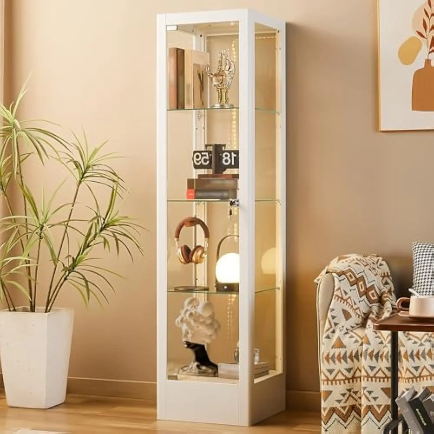 

Glass Display Cabinet with 12 Color Lights and Lock, 4-Tier Curio Cabinet with Tempered Glass Door, Adjustable Shelves, 63" Met