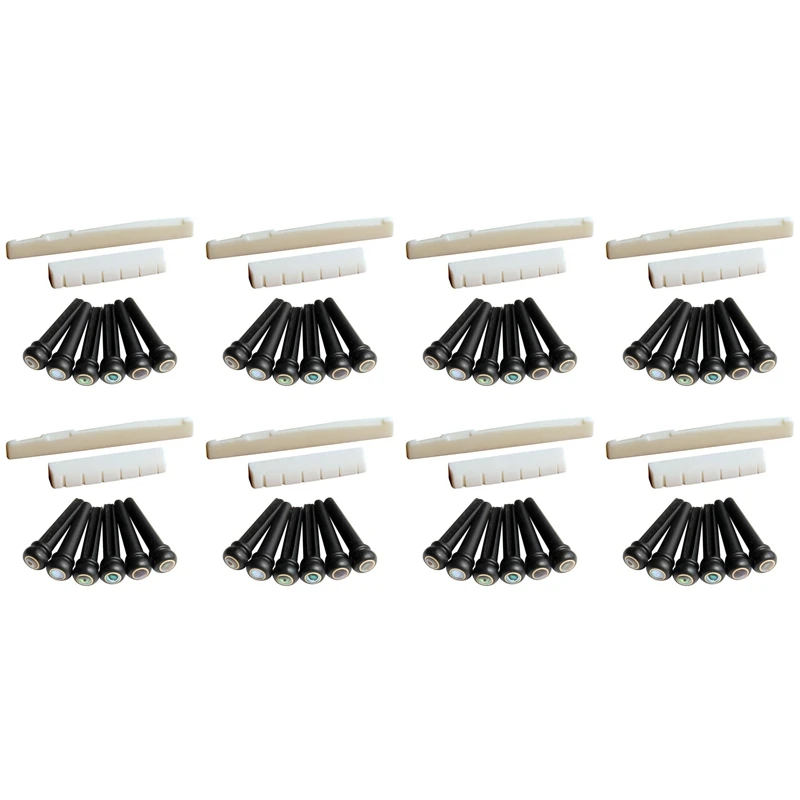 8X 6 String Acoustic Guitar Bone Bridge Saddle And Nut And 48Pcs Ebony Guitar Bridge Pins White+Black