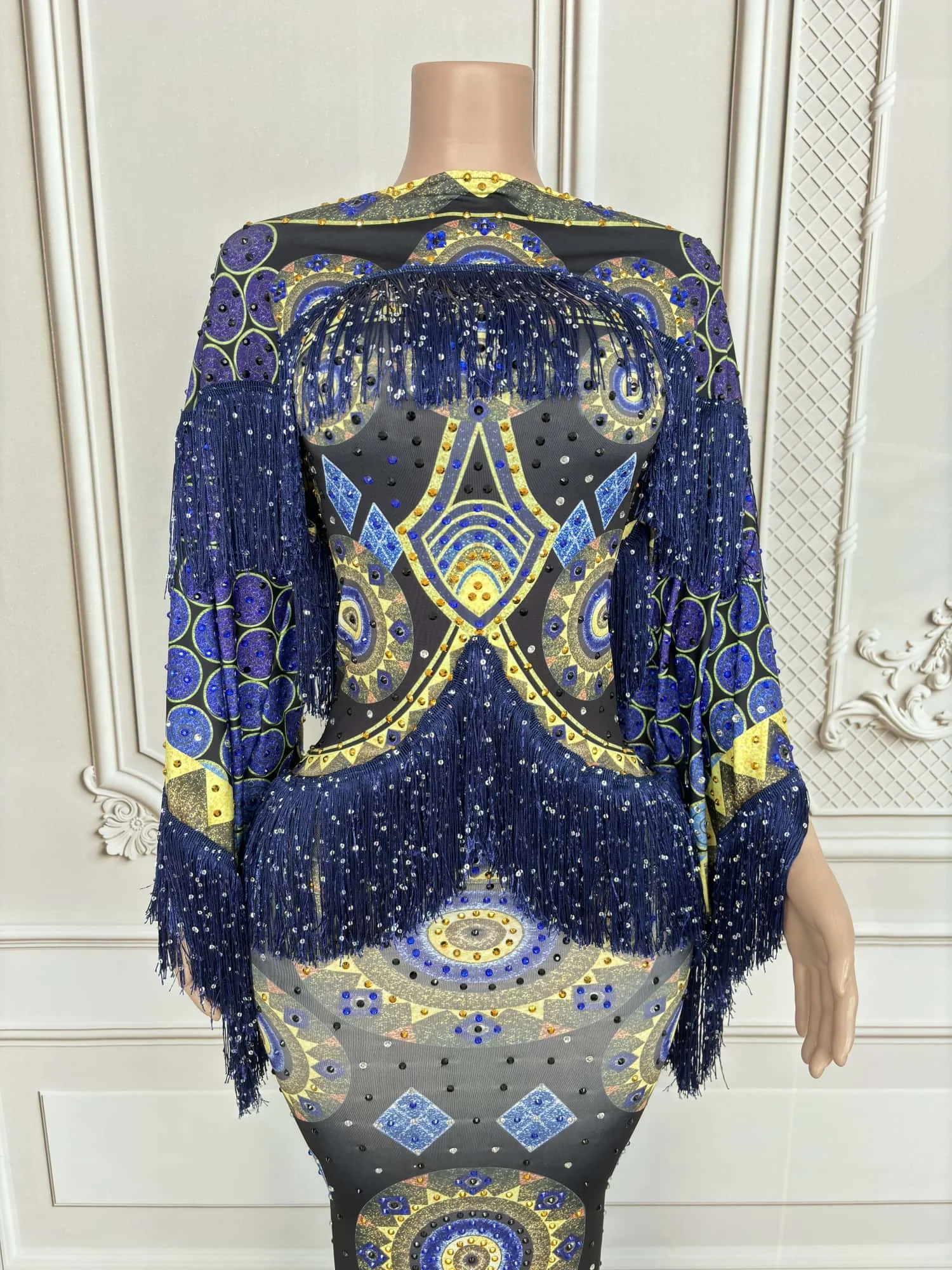 Clássico sexy impressão high-end vestido de noite borla elastano apertado encaixe vestido longo aniversário celebrar festa roupa chengbao