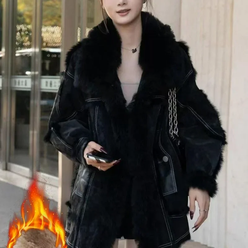 Add Fleece Thickened Fashion Fur One Short Coat for Women Winter New Style High-grade Warm Cotton-padded Comfortable Parkas