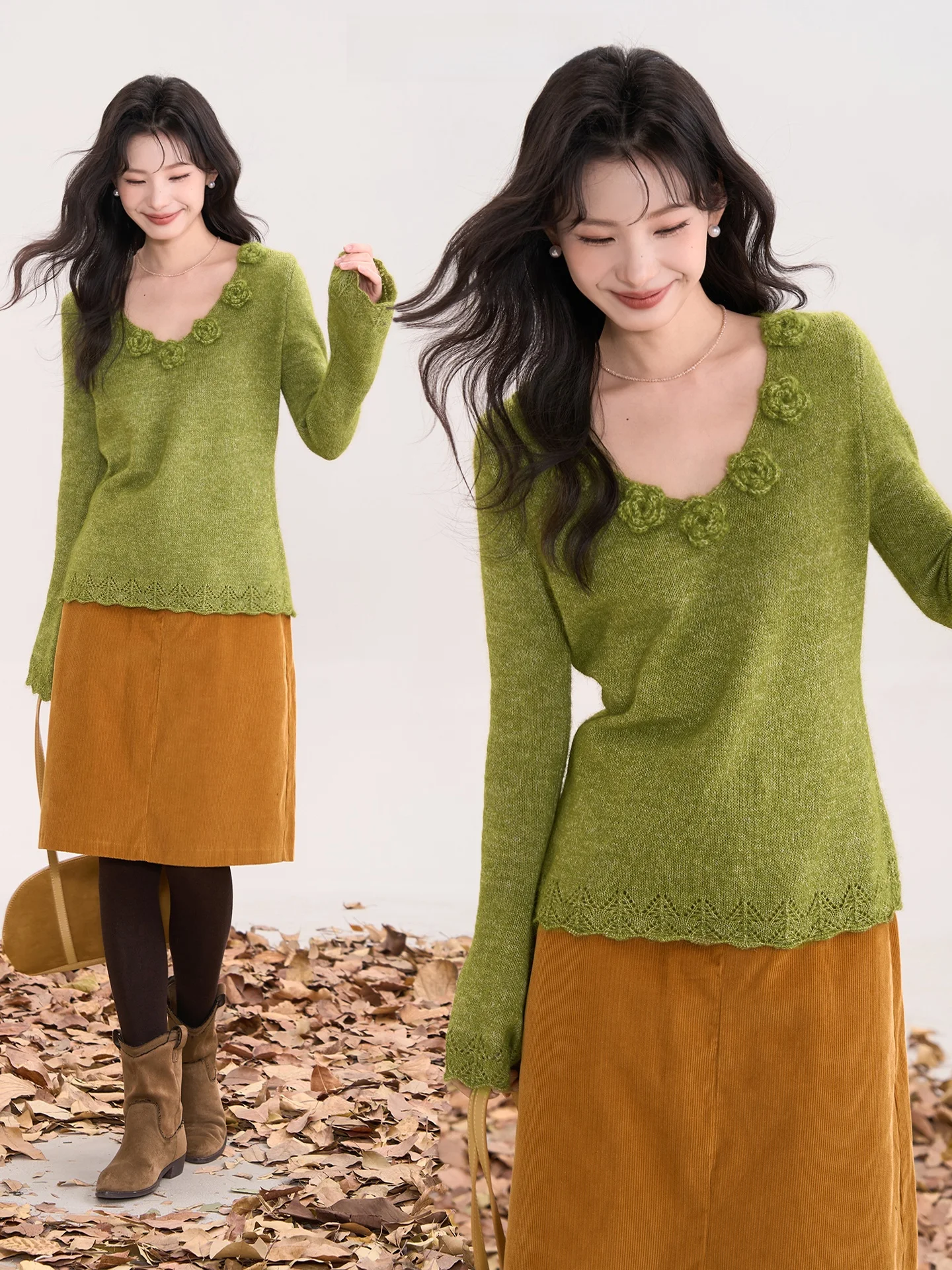 

Rose Knitted Sweater V-Ne Hollow out Long Sve Women's Spring Faion Sweet Sle Hooked Flower 3D Embroidery Slimming Re...
