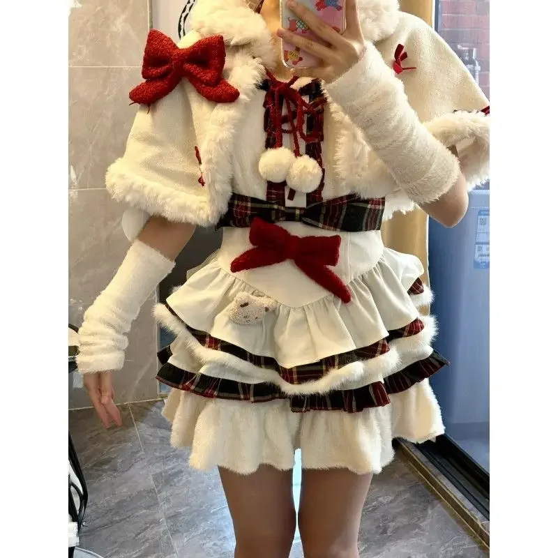 

Japan Winter Kawaii Lolita Dress Sets Women Bow Hooded Shawl Short Jackets Plaid Patchwork Mini Dresses Korean Christma Suit 25