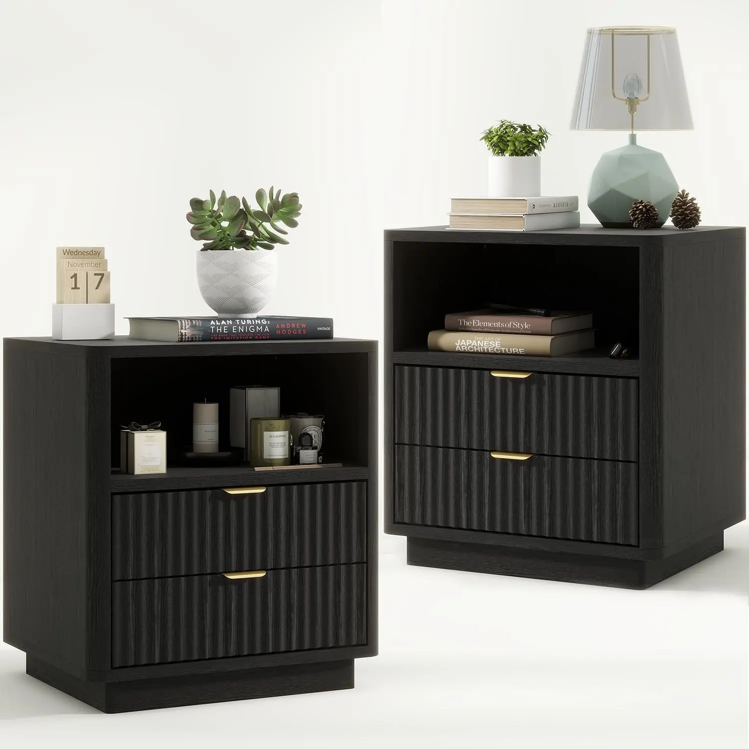 

Fluted Nightstands Set Of 2, Bla Night Stands With 2 Drawers And Open Shelves, Wooden Bedside Table Modern Design End Table For