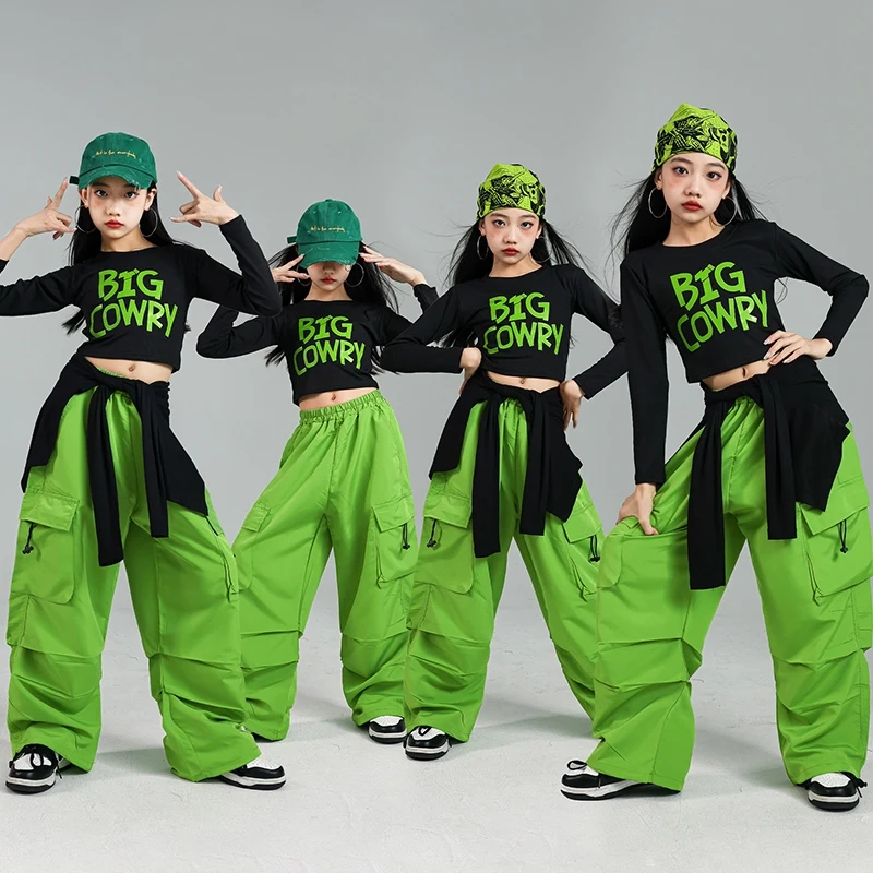 Kinderen Street Dance Kostuum Hip Hop Zwart Tops Groene Broek Meisjes Kpop Jazzdans Podium Outfit Mode Casual Dancewear AMY1217