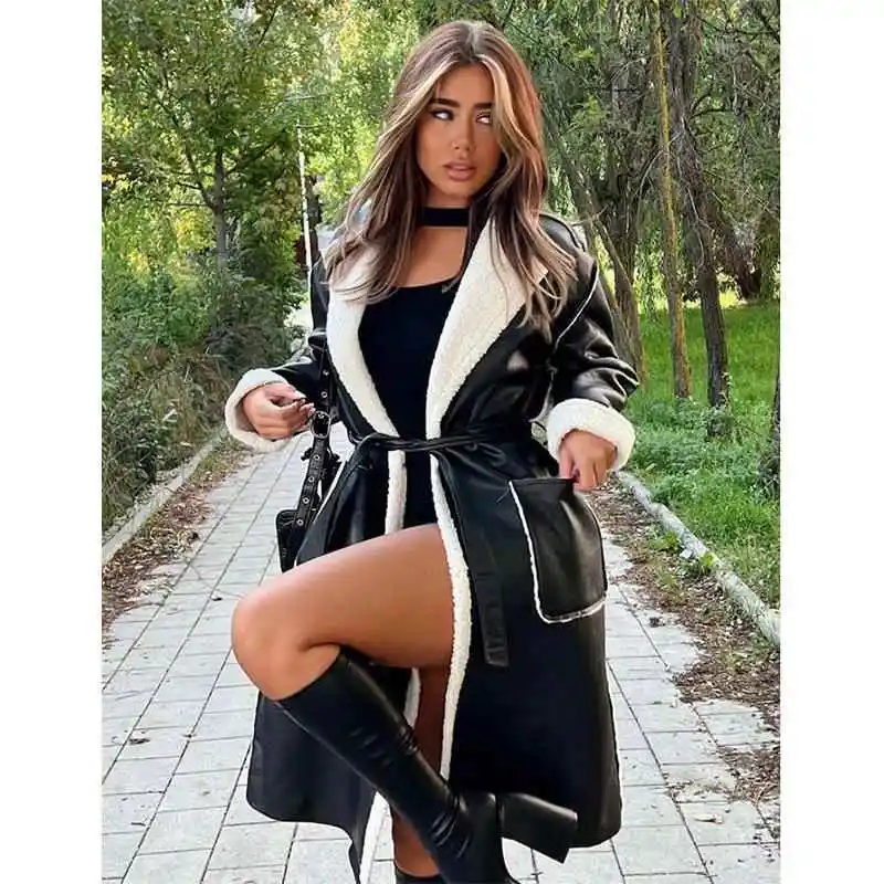 

Женское зимнее длинное кожаное пальто-ветровка большого размера для повседневной носки, из полиэфирного волокна, 100% длинное пальто-свитер