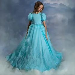 Jill Wish Luxury Turquoise Dubai Girl Dress Beaded Feathers Arabic Princess Baby Kids Wedding Birthday Party Ball Gown 2024 J380