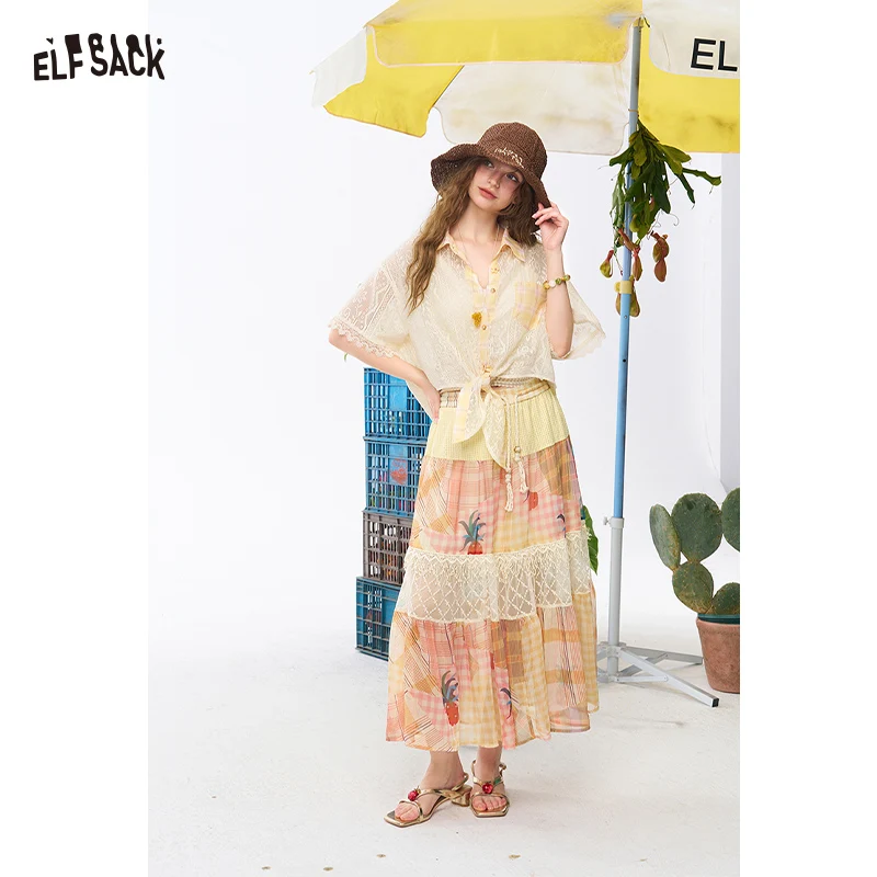 ELFSACK Women's Maxi Tiered Skirt with Pineapple Plaid Print, Lace Spliced Drawstring Waist Long Skirt for Summer