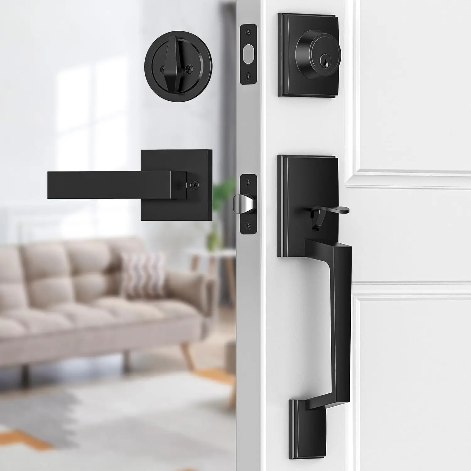

Matte Black Front Door Handle Set with Adjustable Deadbolt, Reversible Lever for Left/Right Doors