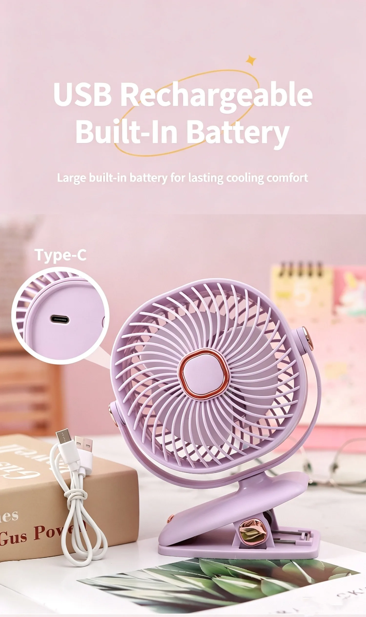 Clip-Ventilator, wiederaufladbarer Mini-Tischventilator, 3 Geschwindigkeiten, USB Typ-C, tragbar, leise, drehbar, mit Sockel für Kinderwagen, Büro, Bett, Sommer – Detail 15