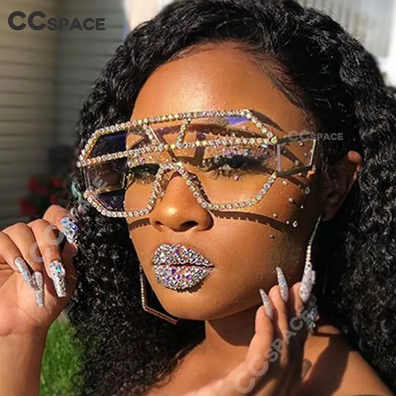 

47165 Fashion Rhinestone Oversized One Lens Rhinestone Sunglasses Men Women Crystal Geometric Patterns Sun Glasses UV400