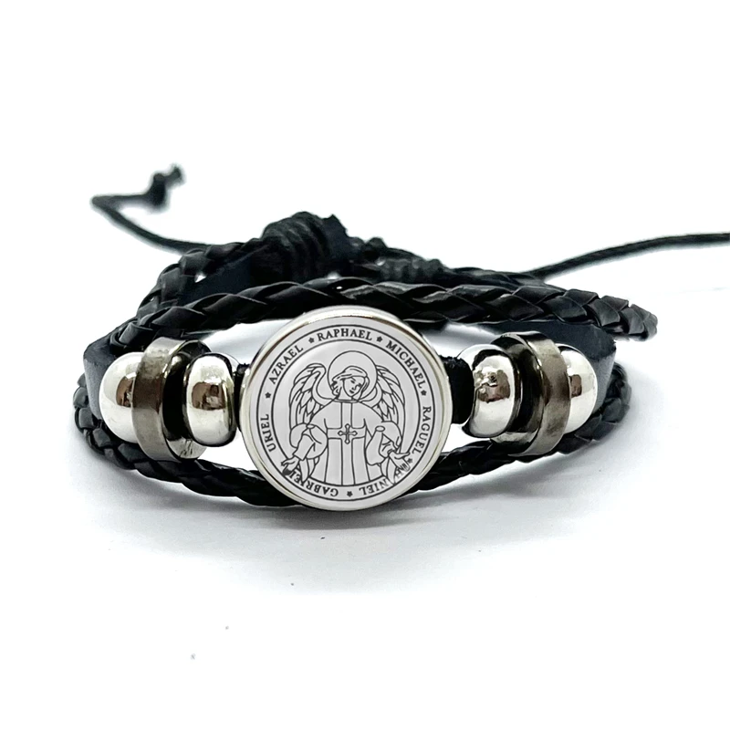 Fashion Seven Archangels Leather Bracelets  Handmade Glass Gem Bangles Men Women Talisman Amulet Michael Pendant Exquisite Gift