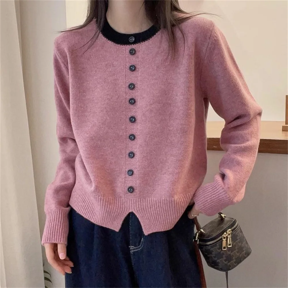 Slit Design Knitting Pullover Patchwork Korean Tops Autumn Winter New Long Sleeve Youth Fashion Sweaters Casual Women Clothes