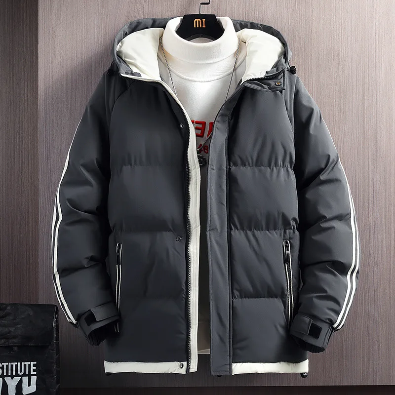 New Arrival Men's Thickened Hooded Cotton Jacket with Double Stripes for Cool Weather