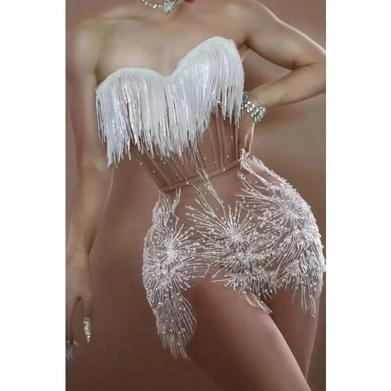 شير اللؤلؤ الترتر مفتوح الظهر فستان قصير براقة مثير الوهم العنق للمطربين وعروض الحفلات ملهى ليلي #4