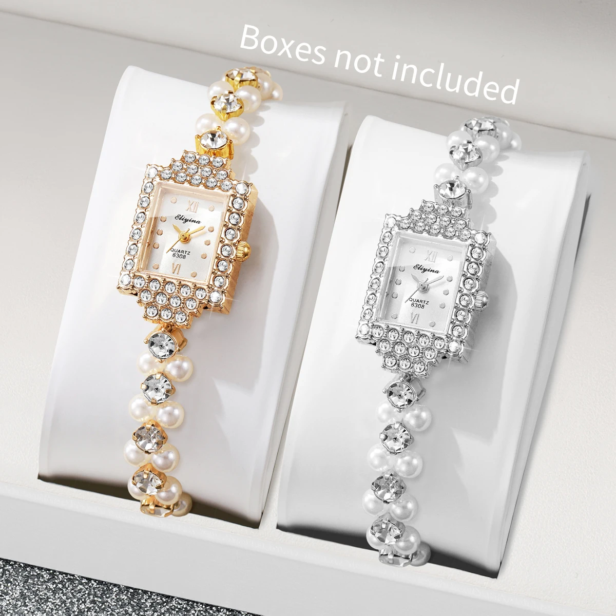 1/2PCS Elegant Pearl Bracelet Strap Women Watches Fashion Rhinestone Rectangle Dial Wristwatch Set Reloj Mujer (Without Box)