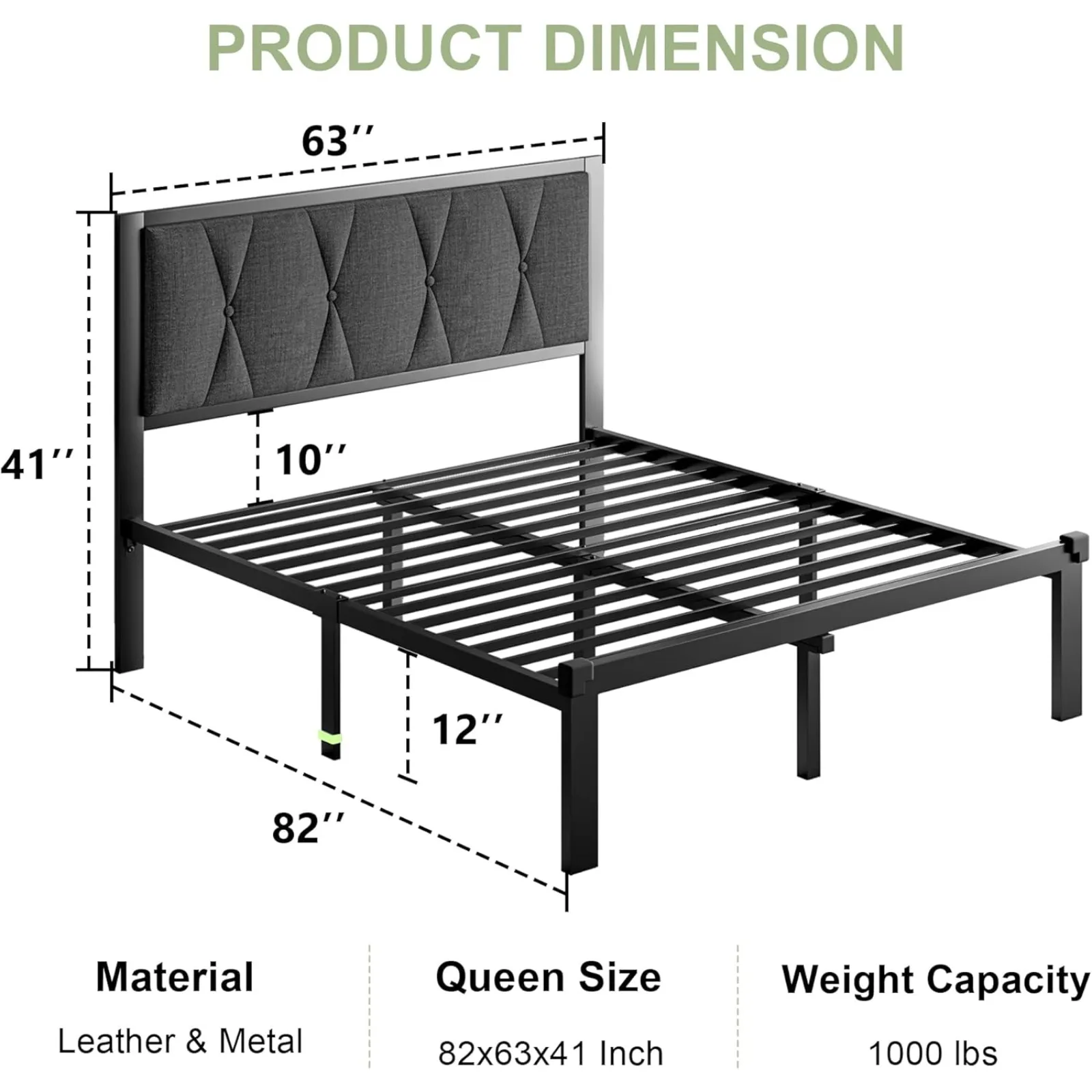 US Queen Size Metal Bed Frame with Fabric Button Tufted Headboard, Platform Bed Frame with Heavy Duty Metal Slats, 12