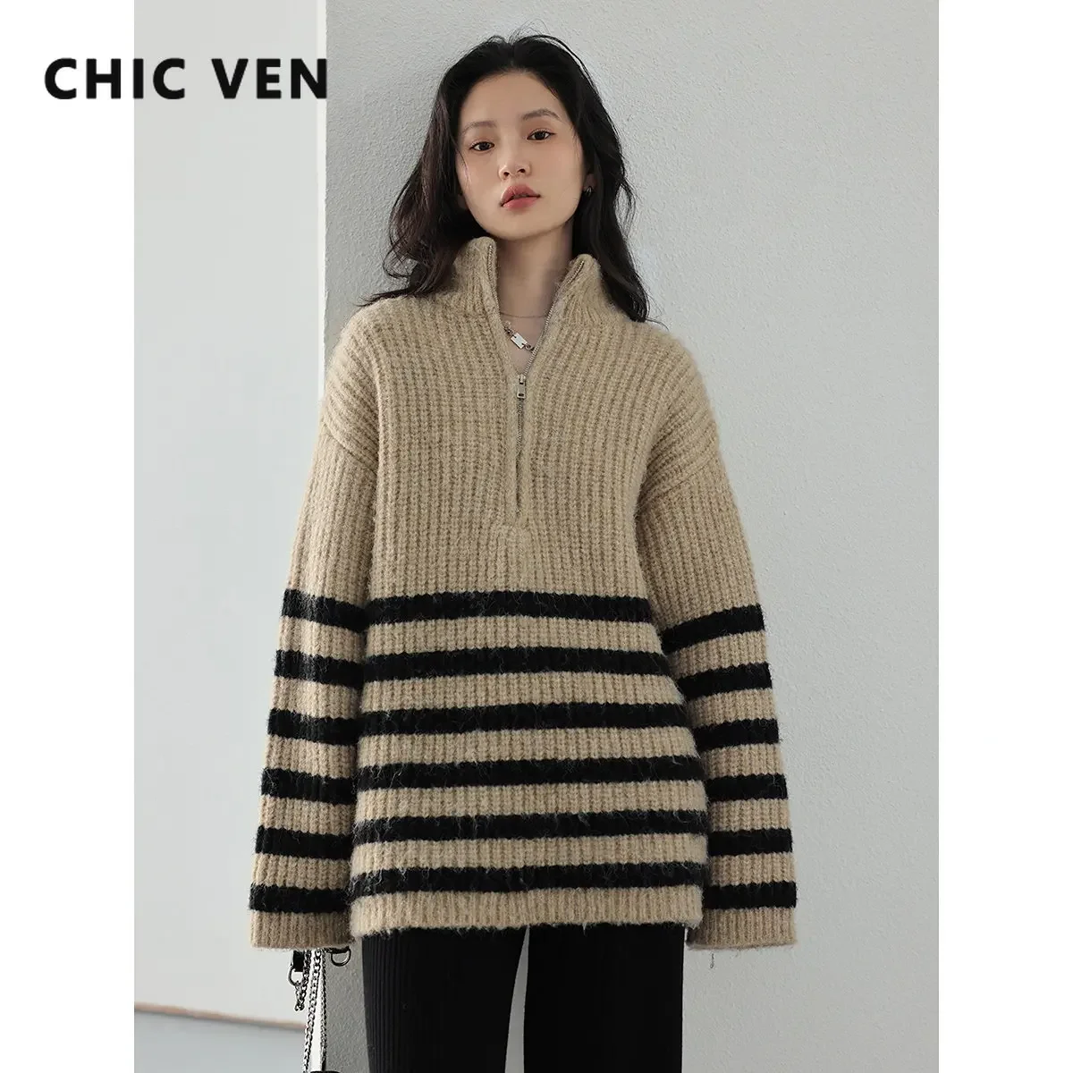 CHIC VEN Women\'s Sweaters Turtleneck Zipper Contrast Stripe Jumpers Thickened Pullovers Warm Female Coat Autumn Winter 2022