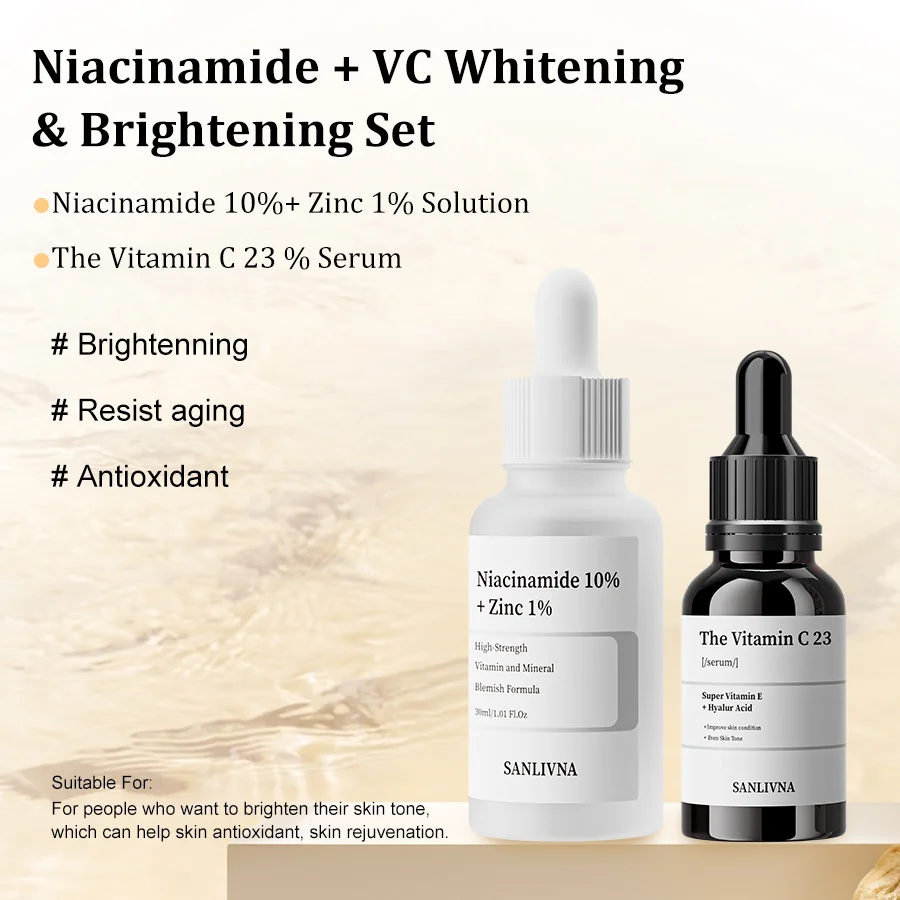 Sanlivna Korean Skincare Niacinamida 10% + VC 23% Duo - Set iluminador para un tono uniforme y brillo