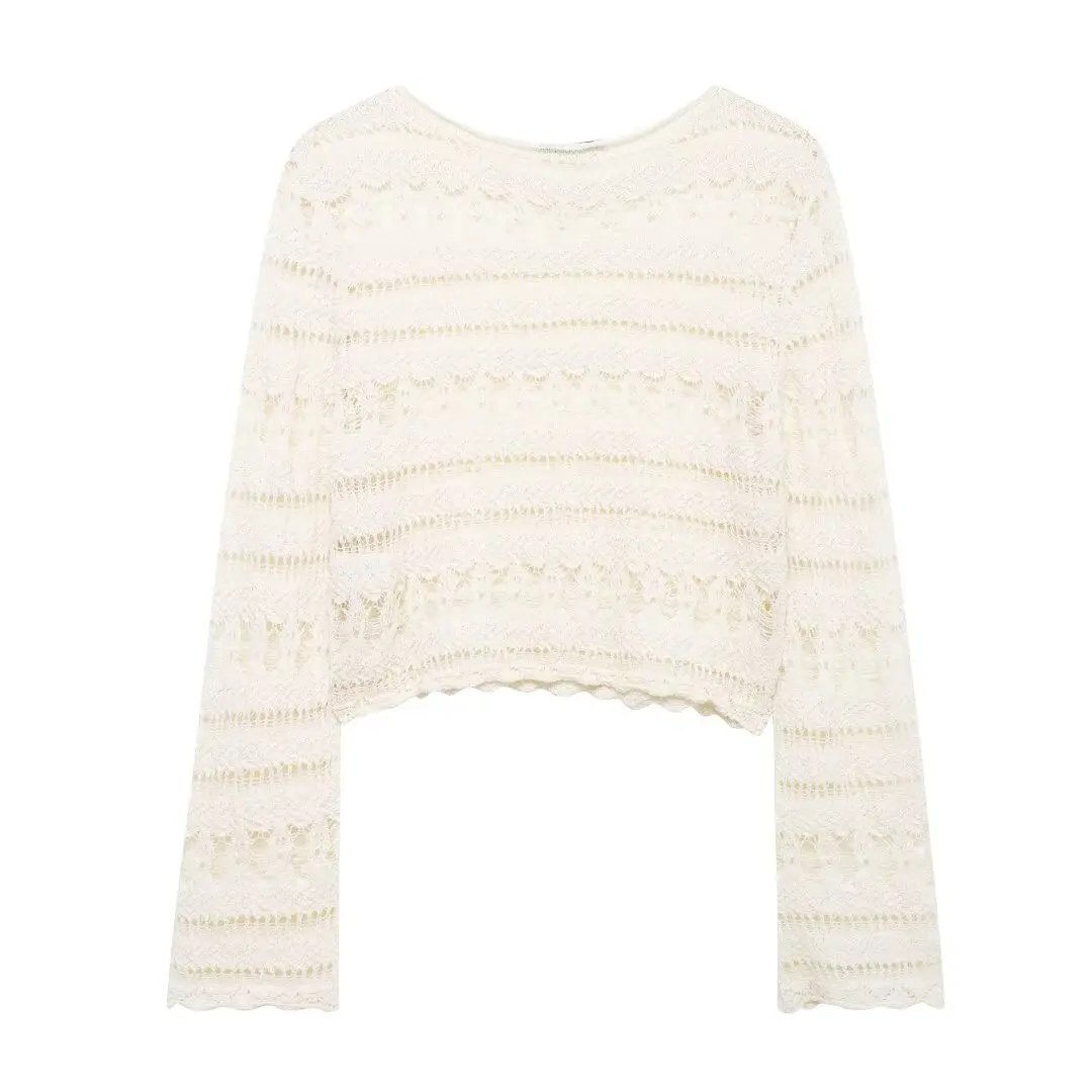 Tangada 2024 Women Crochet Sweater Long Sleeve Female Crop Knitted jumper tops BE0129