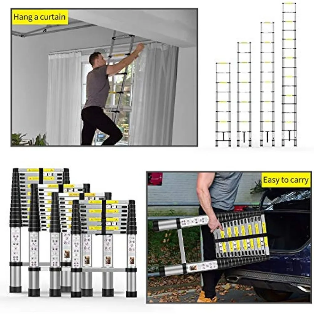 Échelle télescopique en aluminium avec sac de transport, échelle d'extension, 15,5 pieds, utilisation en extérieur et en intérieur, robuste et durable