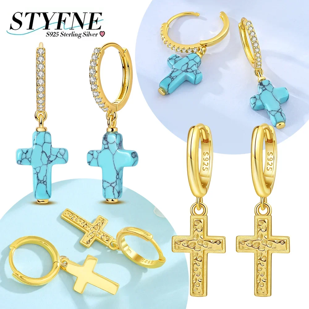 

Exquisite 925 Silver Golden Earrings Shiny Zircon Cross Earrings Turquoise Hoop Earrings for Women Birthday Gift Fashion Jewelry