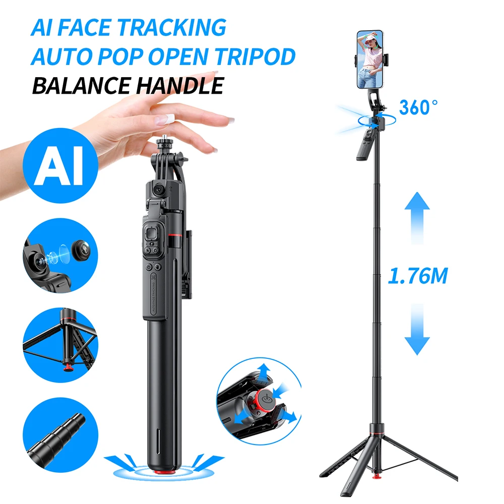 New TT07 AI Face Tracking All-in-one Auto Pop-up Camera Tripod Smart Lens Gesture Control 360-degree Adjustable Selfie Stick