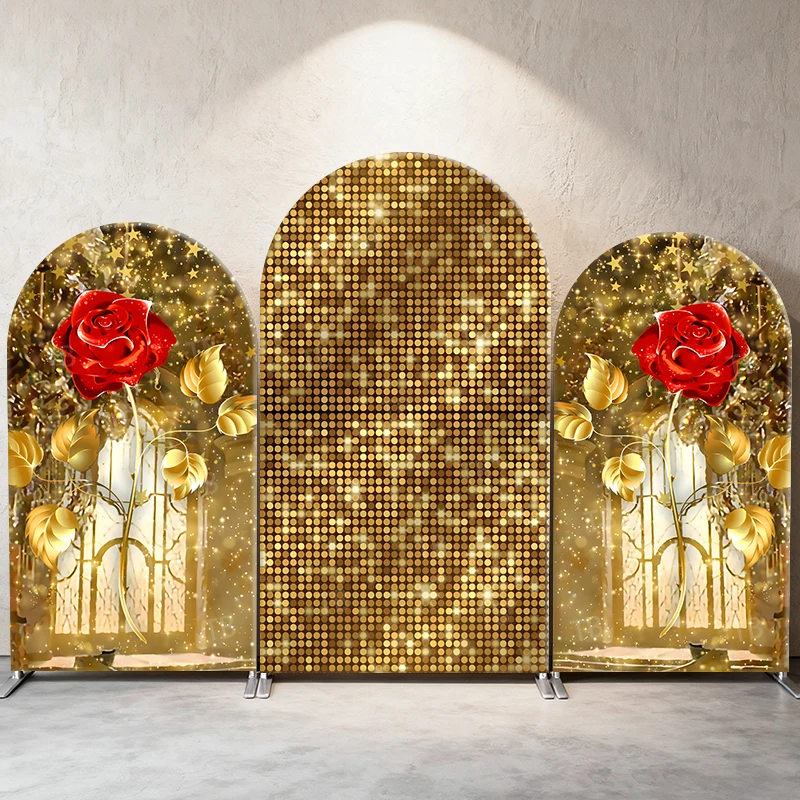 

Gold Sequin Red Rose Arch Backdrop Cover Glitter Decor Photo Booth Prop for Wedding Birthday Party Valentine's Day Decoration